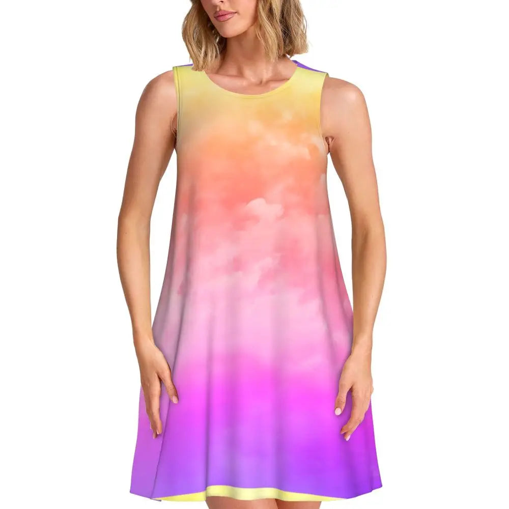 Ocean Sunset Casual Dress Palm Tree Print Sleeveless Elegant Dresses Ladies O Neck Simple Dress Day Print Clothing Birthday Gift