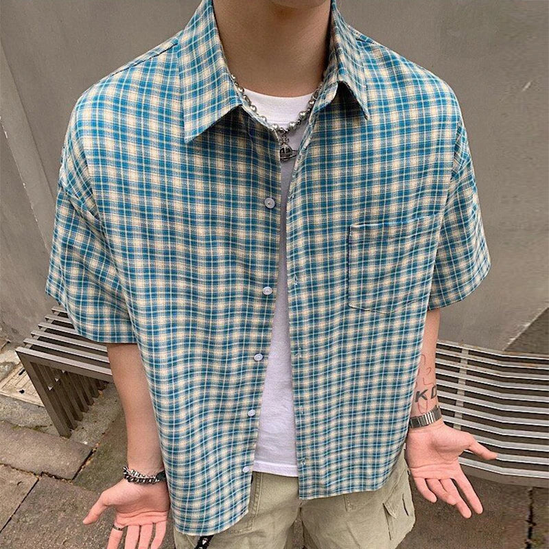 2025 Summer Stylish Short Sleeve Shirt Men's Streetwear Vintage Button-up Turn-down Collar Shirts Trendy Men Plaid Printed Shirt