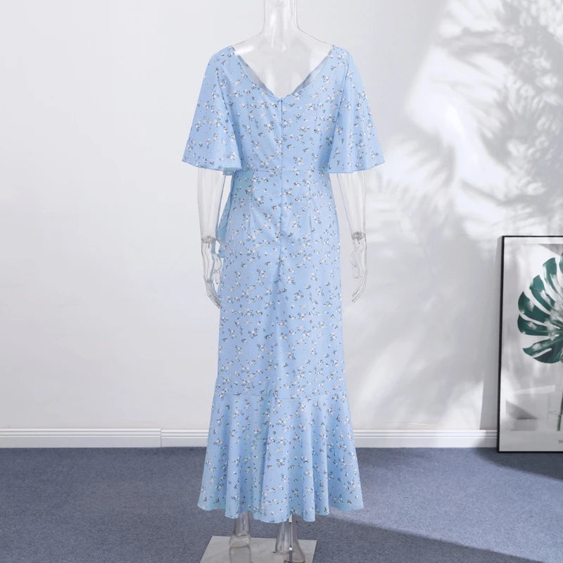 Elegant Print Women Long Dress Chic Ruffle Pleated Short Sleeve V-neck Waist-Closed Female Dresses 2026 Summer Beach Lady Robe