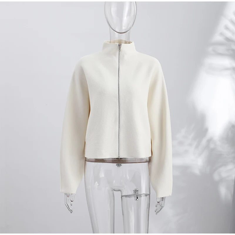 Elegant Knitted Zipper Women's Sweater Solid Full Sleeve Stand Collar Loose Open Stitch Female 2026 Fashion Autumn Outwear Lady