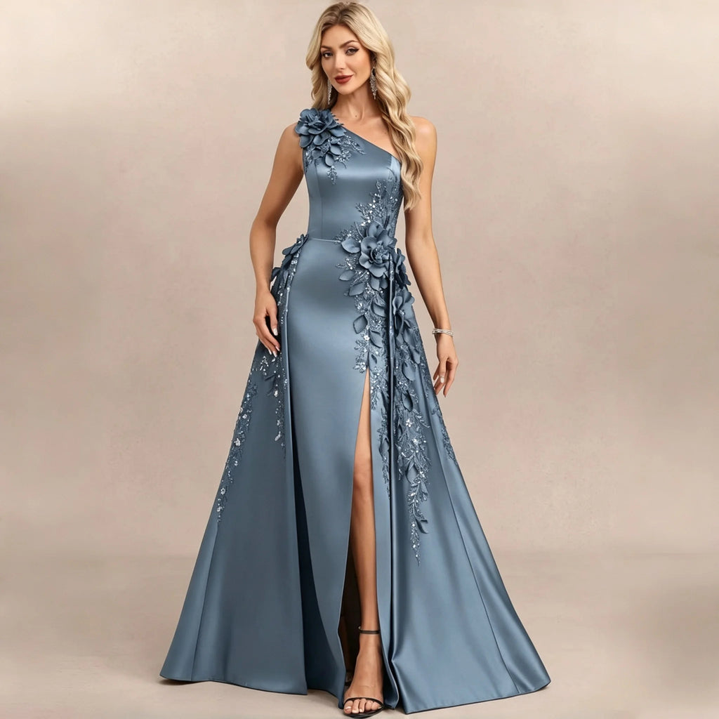 One Shoulder Satin Bridesmaid Dresses 3D Floral Applique Sequin High Slit Overskirt Formal Evening Maxi Gown Wedding Party Dress