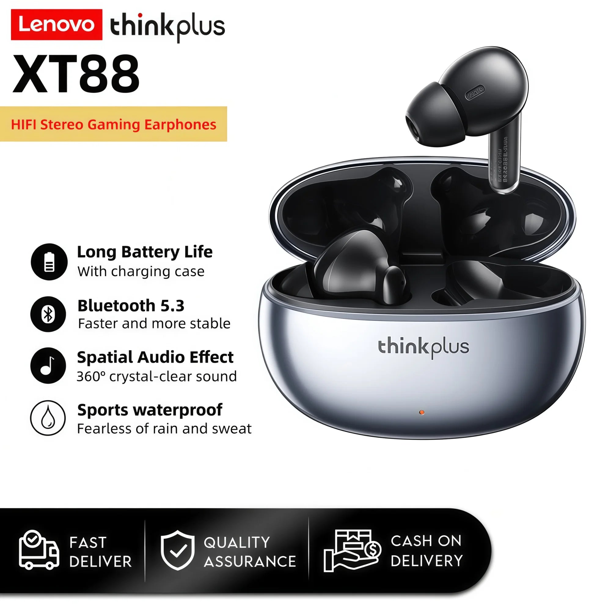 Lenovo Wireless Bluetooth Earphones Comfortable Fit Sweatproof In-Ear HiFi Sound Low Latency Gaming Headsets Sport Earbuds