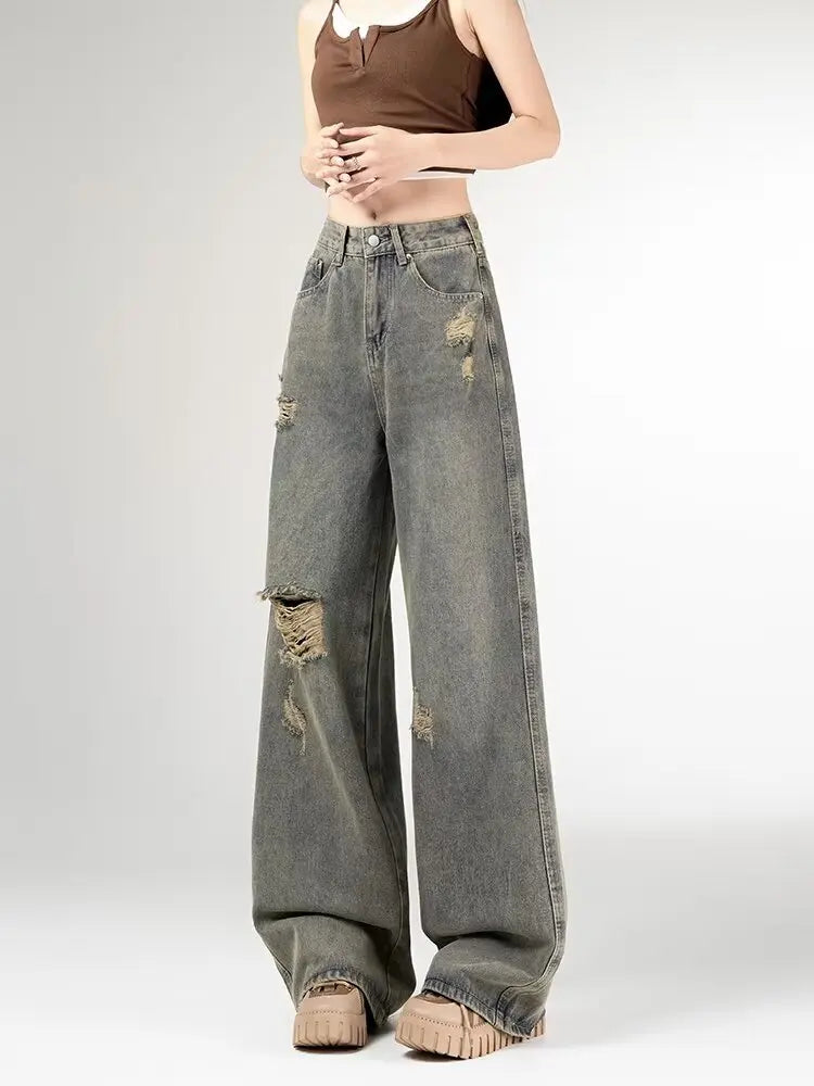 Women's Vintage Distressed Jeans High Waist Wide Leg Straight Denim Pants Loose Fit Summer Trousers 2025