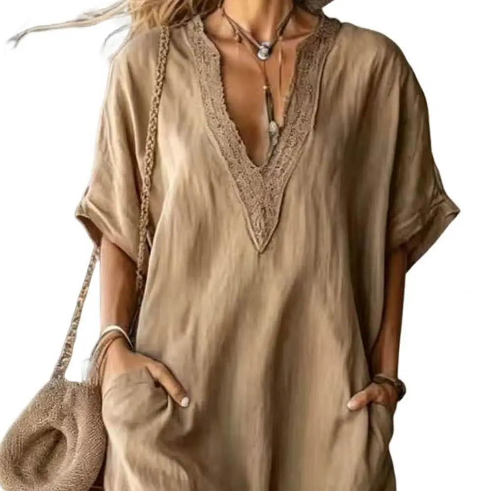 Elegant Casual Dress Women Flowy Pleated Dress Trendy Solid Dress Summer Maxi Dresses V Neck Long Sundress Short Stylish Dressse