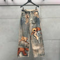 KUCLUT 2025 Autumn Winter Fashion Niche Design Print Contrast Color Loose Jeans For Women Straight Wide-leg Denim Pant 1A1517