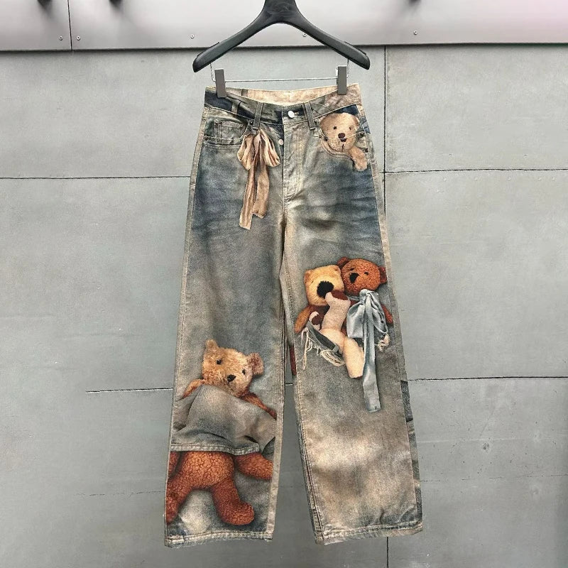 KUCLUT 2025 Autumn Winter Fashion Niche Design Print Contrast Color Loose Jeans For Women Straight Wide-leg Denim Pant 1A1517
