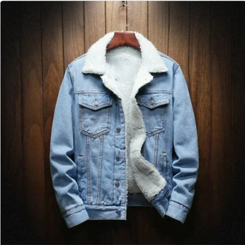 Streetwear Men Winter Jacket Denim Inner Fleece Thicken Winter Jeans Jacket Coat Men's Turn-down Velvet Jacket Mens Fur Parkas