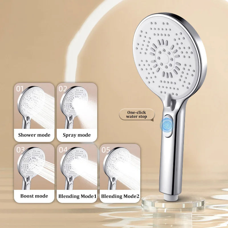 Bathroom Shower Head 5-function Large Water Output Booster Filter Handheld Shower One-button Water Stop Silicone Panel