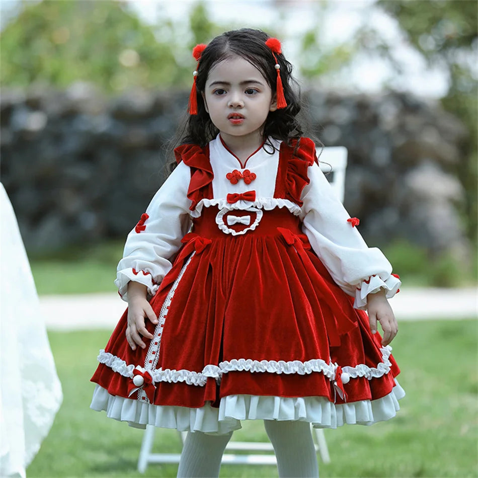 Kids Spring Autumn Lolita Dress Princess Long Sleeves Fancy Luxury Cute Costume Girls Floral Lace Vestido Toddler Birthday Gift