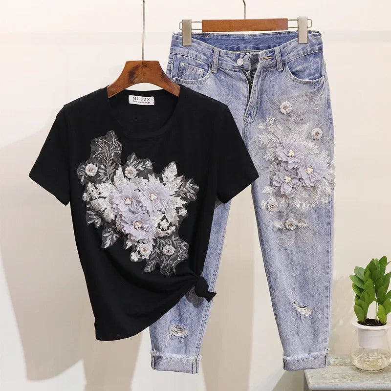 Two-Piece Suit 2025 Summer New Women Denim Pants Beading Embroidery Tshirt Tops+ High Waist Hole Jeans Female Casual Outfits