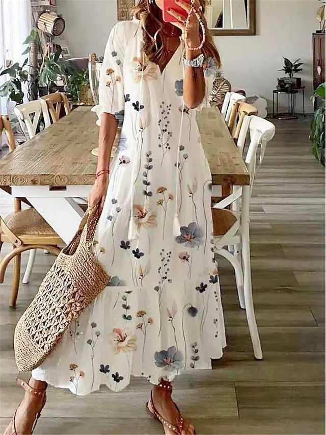 FALL Summer New 2026 Women's Casual Sweet Loose Sexy V-neck Drawstring Fashionable Printed Long Sleeved Boho Bohemian Dresses