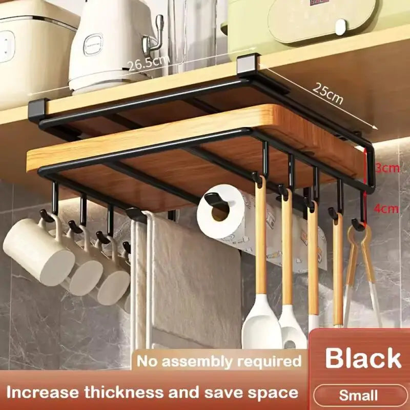 Kitchen Under Cabinet Hanging Organizer Rack with Hooks Multi Purpose Holder for Paper Towel Cutting Board Pot Lids