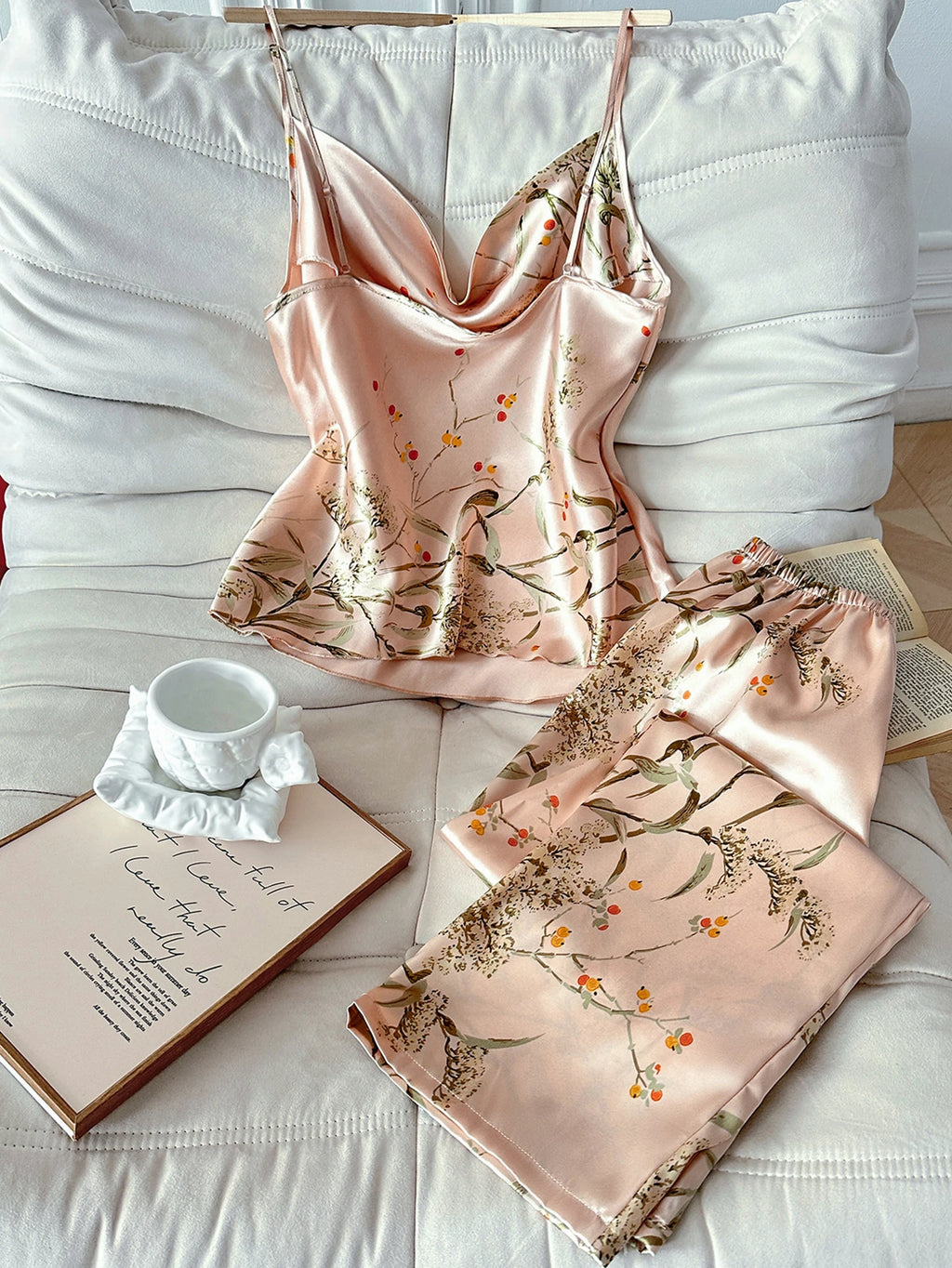 Women Cherry Print Satin Pajamas Set Cowl Neck Cami Top with Long Pants Elegant and Retro Loungewear Sleepwear Set