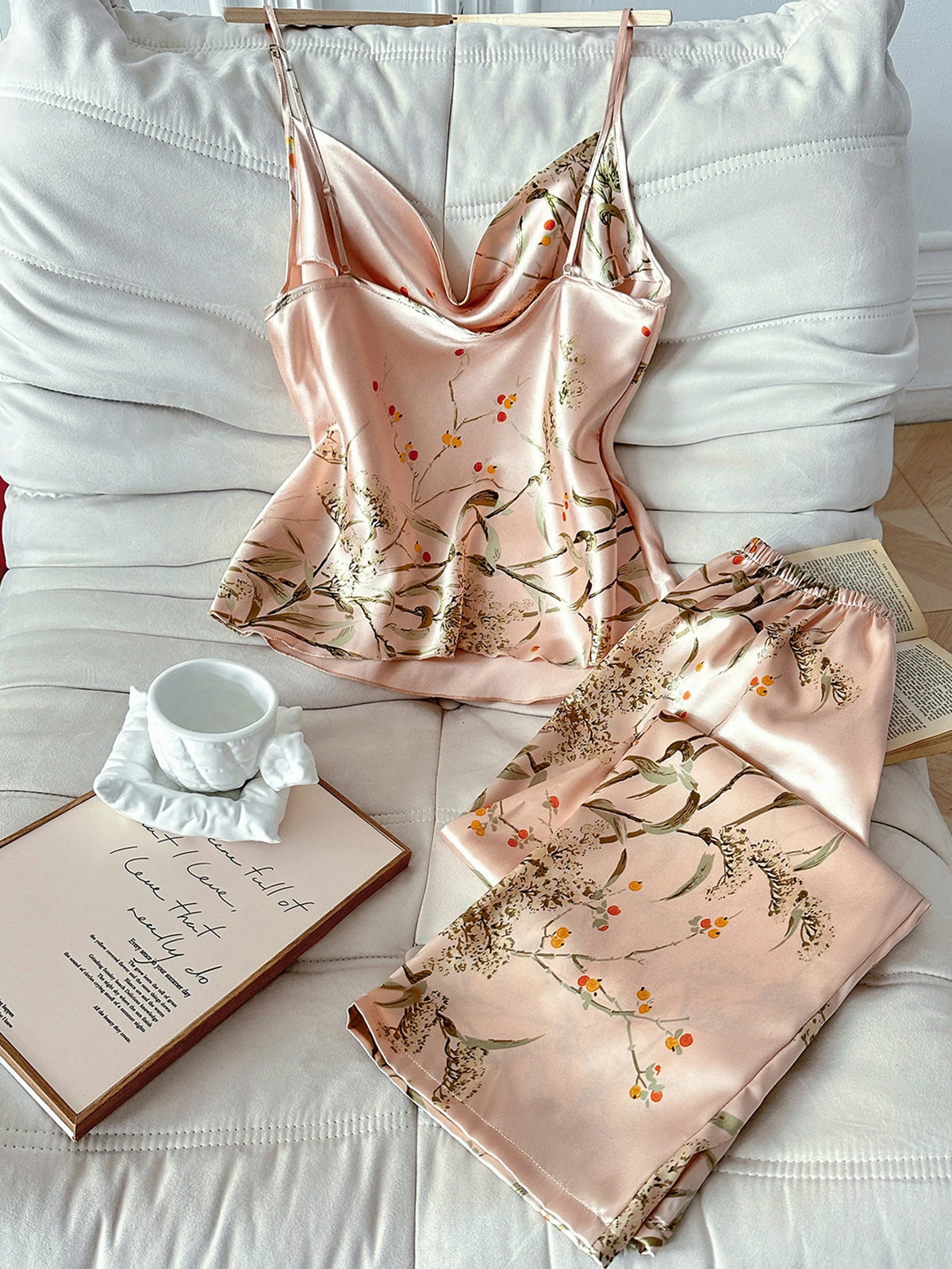 Women Cherry Print Satin Pajamas Set Cowl Neck Cami Top with Long Pants Elegant and Retro Loungewear Sleepwear Set