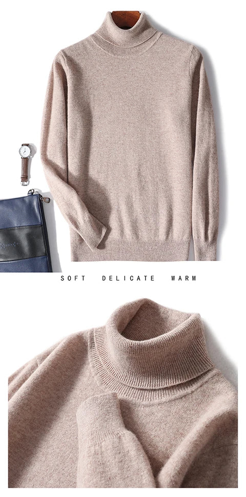 Men Turtleneck Cashmere Pullover 100% Pure Wool Knitwear Sweater Basic Solid Smart Casual Jumper Male Tops Autumn Winter
