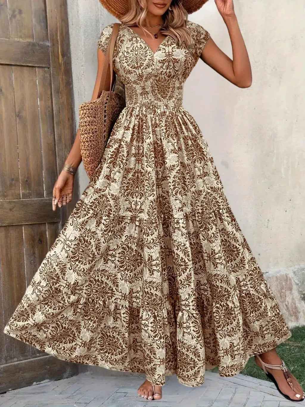 Women's Summer Retro Fashion Floral Printed Sexy V-neck Short Sleeve High Waist Medium Length Bohemian Loose Holidays Dresses