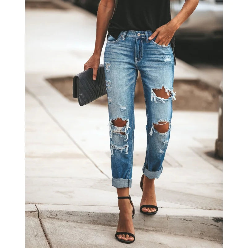 Summer 2026 Women's Casual Washed Ripped Straight Leg Jeans Street Style New Arrival