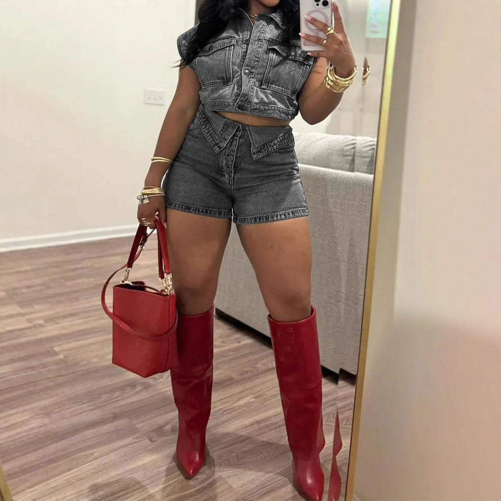 Shorts Sets Women Denim 2 Piece Suit Top Jeans Ensemble Summer 2025 Single Breasted Turn Down Collar Short Pants Vintage Outfits