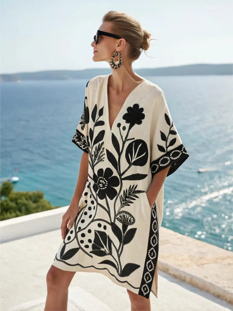 Fashion Retro Printed Short-sleeved Loose Women's Dress New Summer Style Deep V Neck Casual Seaside Vacation Female Dresses 2025