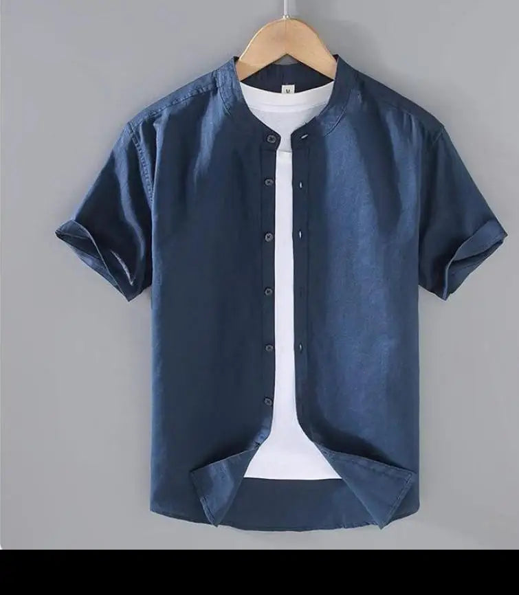 Men's Short-Sleeved Shirt Summer Streetwear Plain Color Stand Collar Casual Beach Style plus Size M-5XL