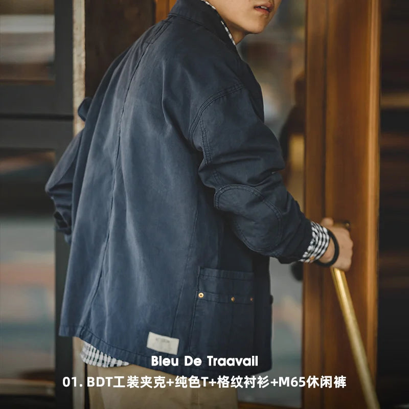 Maden Autumn Navy Blue Hunting Jacket for Men Turn-down Collar Asymmetrical Multipocket Cotton Casual Outerwear Coat Loose-fit