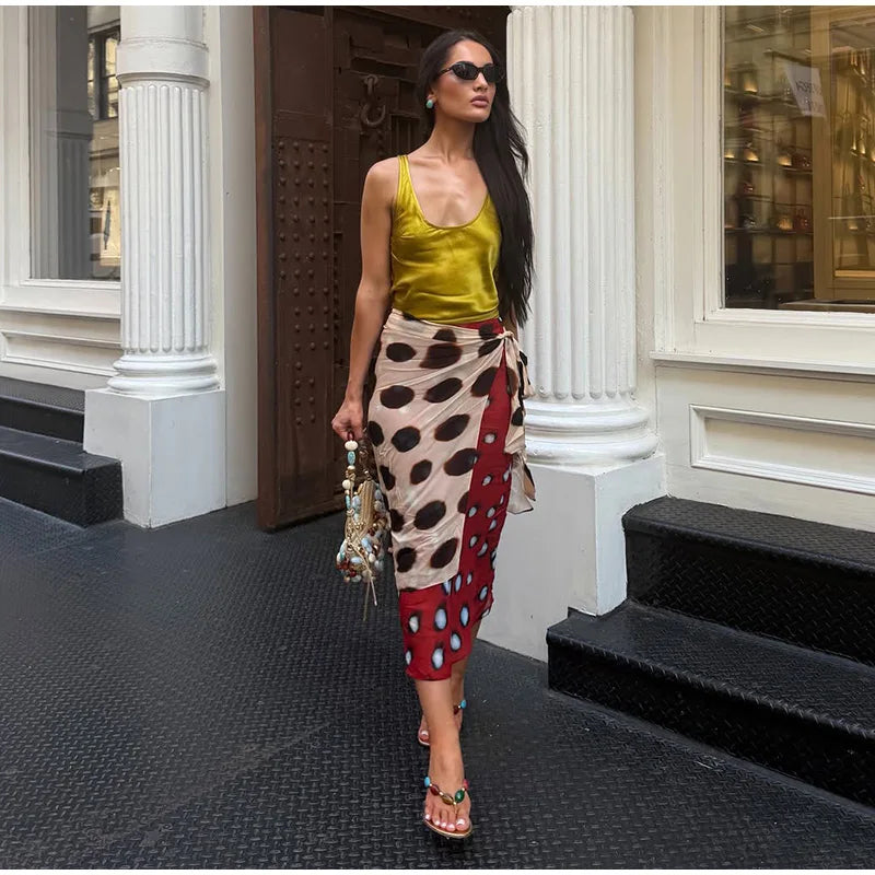 High Waist Wrap Tie Midi Skirt Color Block Abstract Floral Patchwork Print Flowy Satin Skirts 2026 Summer Holiday Boho Chic Wear