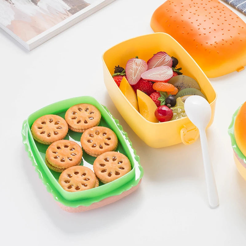 Hamburger Lunch Box Double Tier Cute Burger Bento Lunchbox Microwave Food Container Fork Tableware Set Owl Compartment