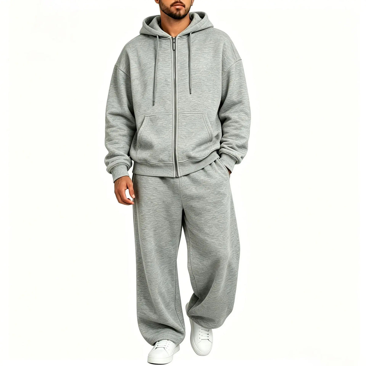 Men Full Zip Hoodie Set Kangaroo Pocket Drawstring Wide Leg Pants Loose Casual Two Piece Sports Outfit Set