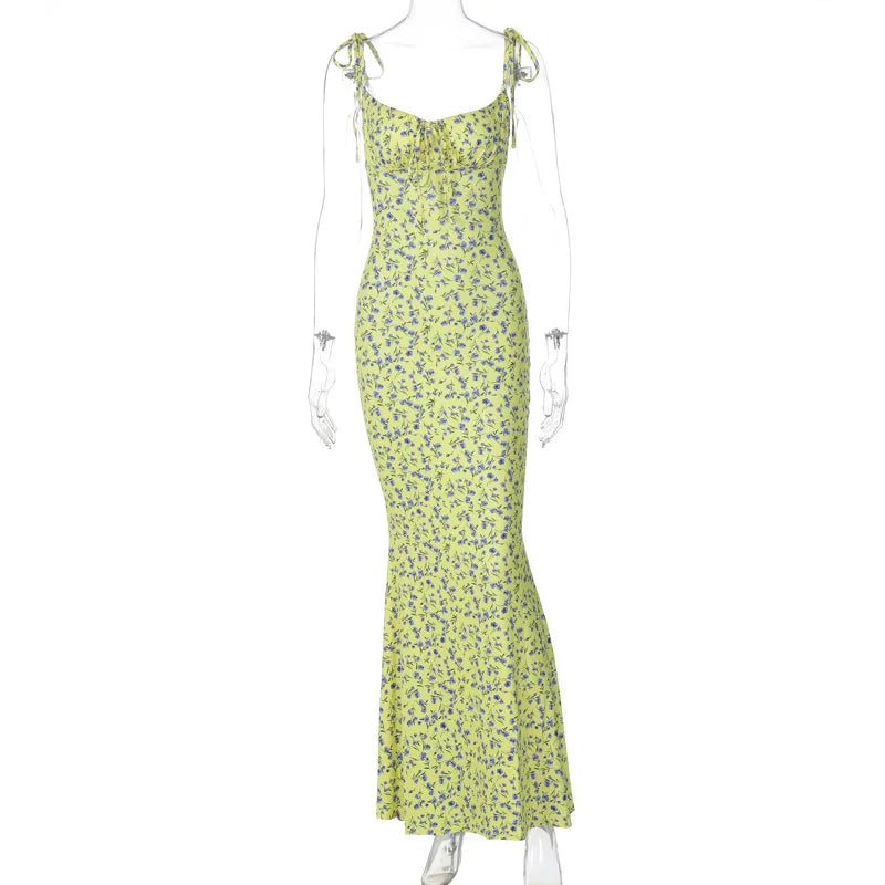 Hugcitar Floral Print Sleeveless Backless Slips Lace Up Maxi Dress Sexy Bodycon Summer Elegant Outfits Holiday Party Wholesale