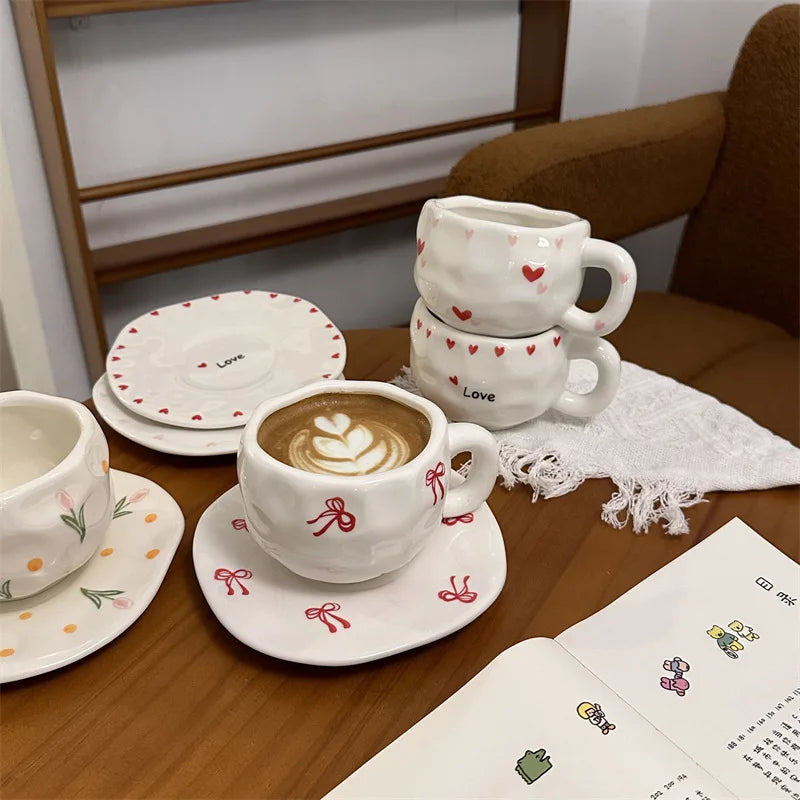 ins style retro flower ceramic cups and saucers, hand-squeezed irregular coffee cups and saucers, afternoon tea cups and saucers