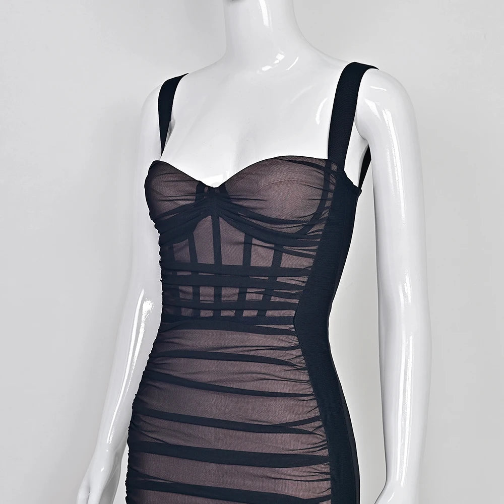 BEAUKEY Sexy Vintage Black Bandage Dress 2025 For Women Summer Draped Spaghetti Split Contrast Bodycon Dress XL Paded Vestido