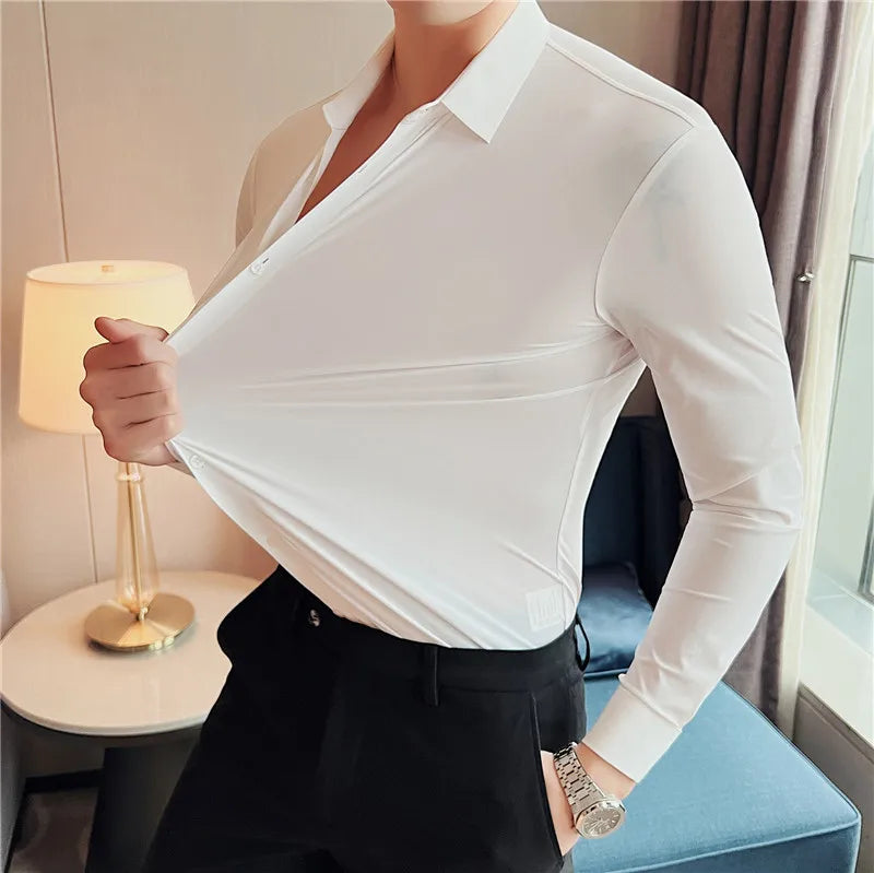 Men's Ultra Stretch Seamless Long Sleeve Shirt Top Quality Business Casual Breathable Stretchable Solid Color Formal Dress Shirt