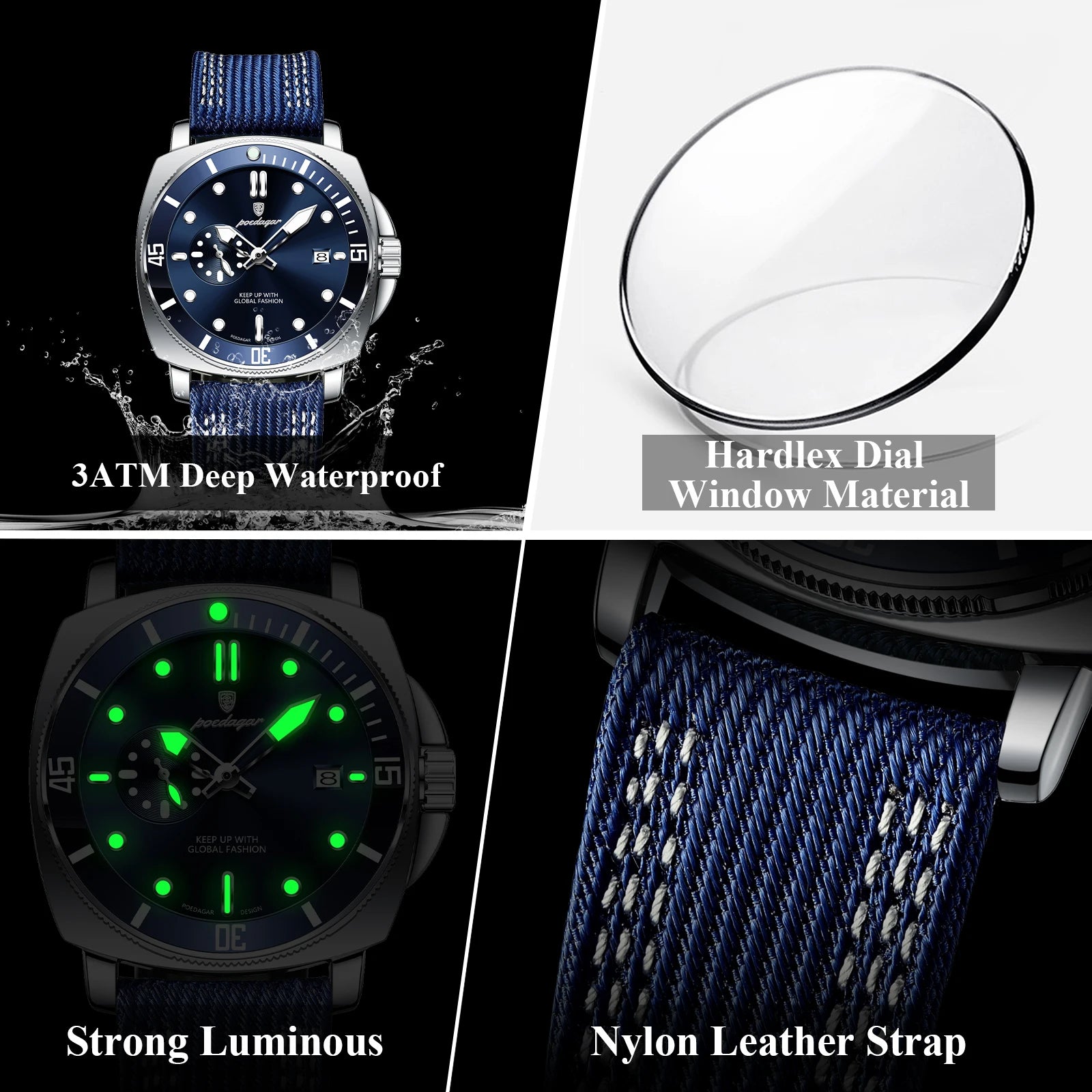 POEDAGAR Sport Military Men Clock Waterproof Luminous Date Top Luxury Watch For Man Nylon Leather Quartz Men's Watches Reloj+Box