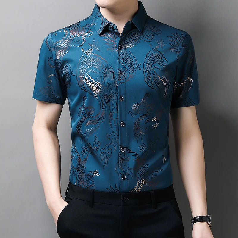 New Men's Casual Printed Short Sleeved Lapel Shirt for Summer Fashion Comfort No Ironing Wrinkle Resistant Top