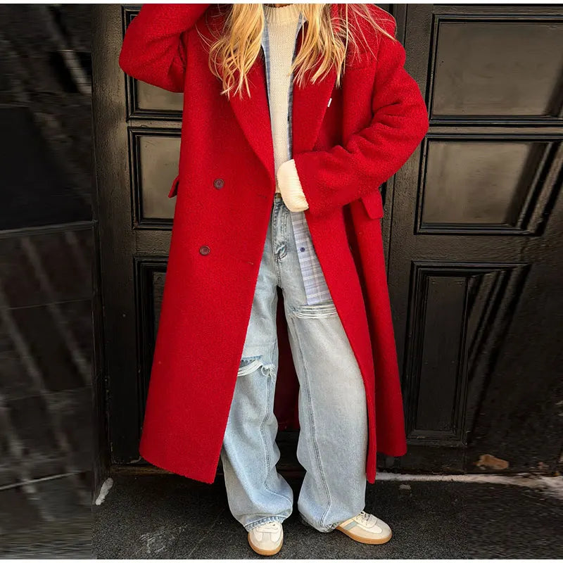 Women's Long Overcoats Lapel Full Sleeve Oversized Woolen Coats Autumn Female Double Breasted Solid Loose Jackets New Outerwears