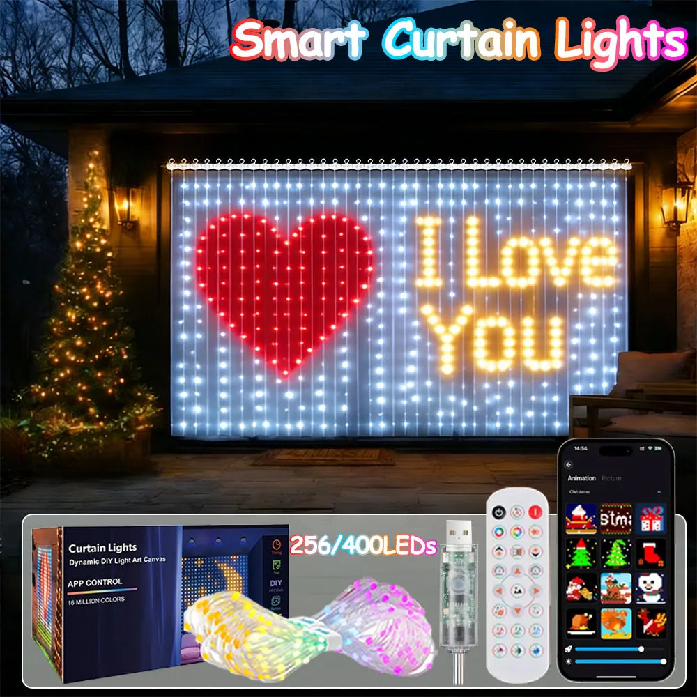 Smart LED Curtain Lights USB Bluetooth App Remote Control,DIY Text Pattern Music Sync RGB IP65 Waterproof Fairy String Light for