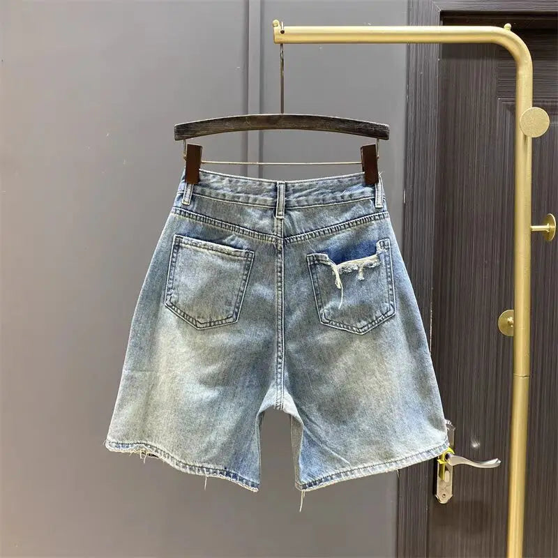 Summer New Loose Straight Wide-leg Medium Pants Shorts Retro Blue Ripped Beggar Denim Five-point Pants Women's Jeans Shorts