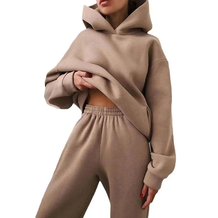 Two Piece Pant Sets Women Solid Thick Sweatshirts Hooded Full Sleeve Elastic Waist Spliced Long Pants Pockets Casual Suits