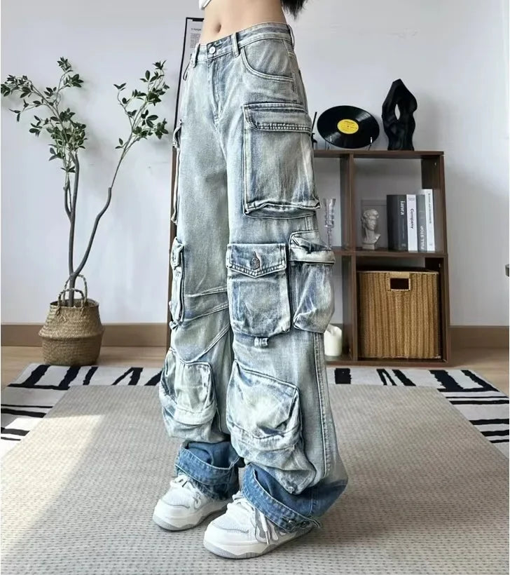 Jeans Women Denim Distressed Multi Pocket Y2k Streetwear Cargo Pants Casual High Waist Zipper Fly Winter Gradient Mom Jeans