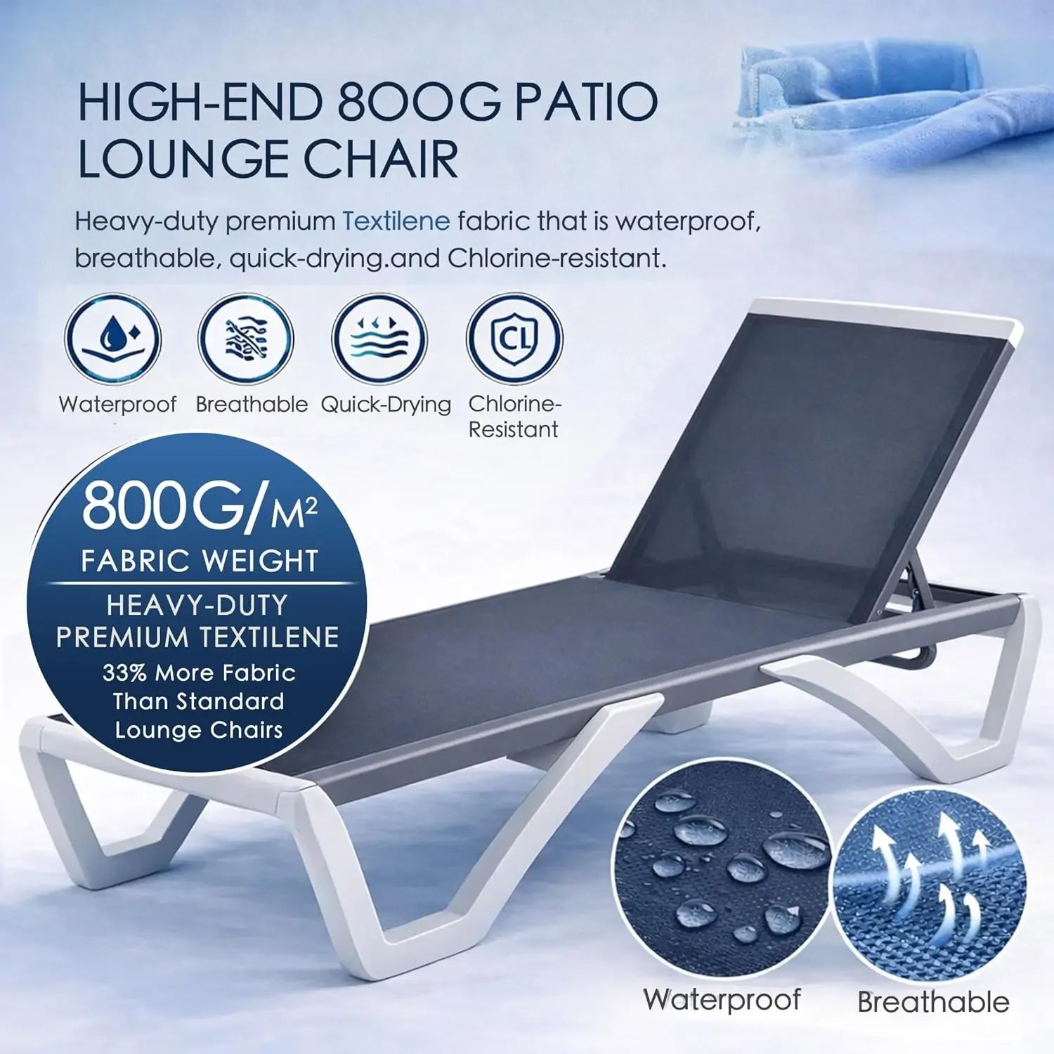 Adjustable Outdoor Chaise Lounge with Aluminum Frame and Resin Legs, Gray Textilene Fabric for Patio, Beach, or Poolside