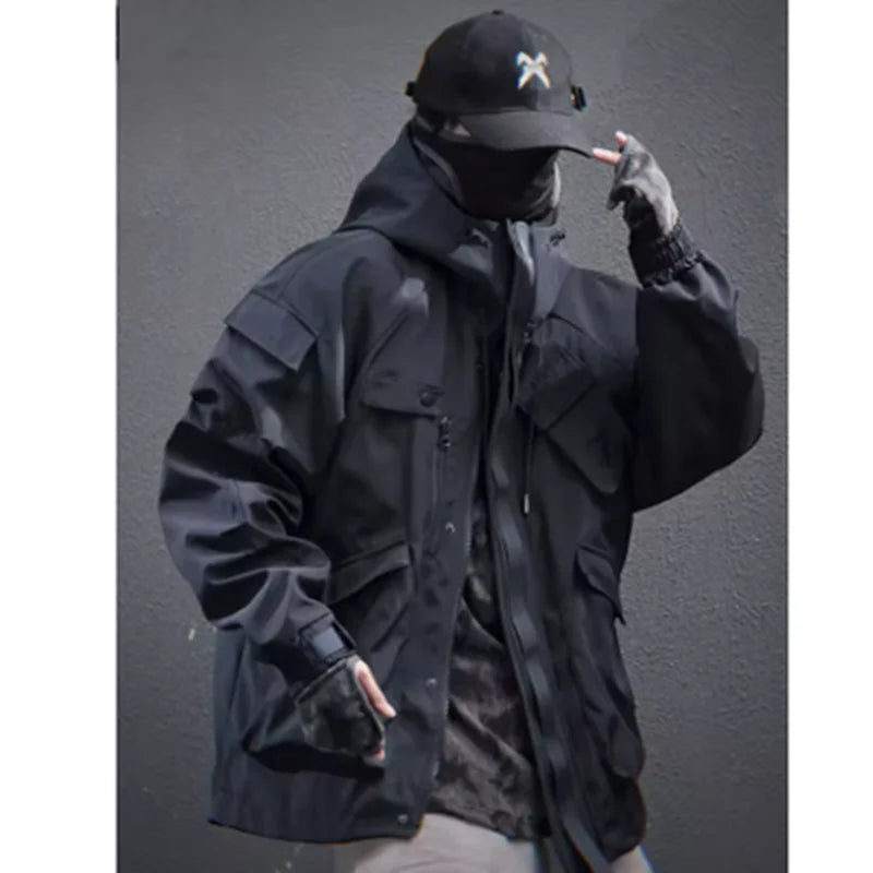 Spring New 2025 Outdoor Hardshell Jacket Men's Loose Punk Style High Street Stand Collar Hooded Coat Fashion Personality Top