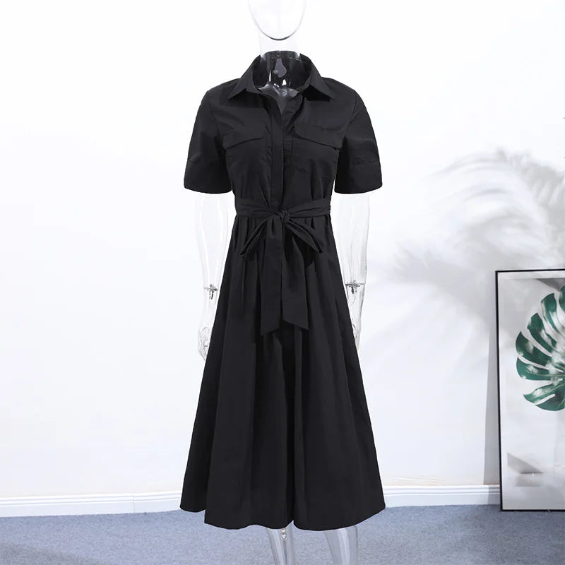 Elegant Belt Women Long Black Dress Full Sleeve Pleated Lapel Waist-Closed Female  A Line Dresses 2026 Spring Lady Robes New