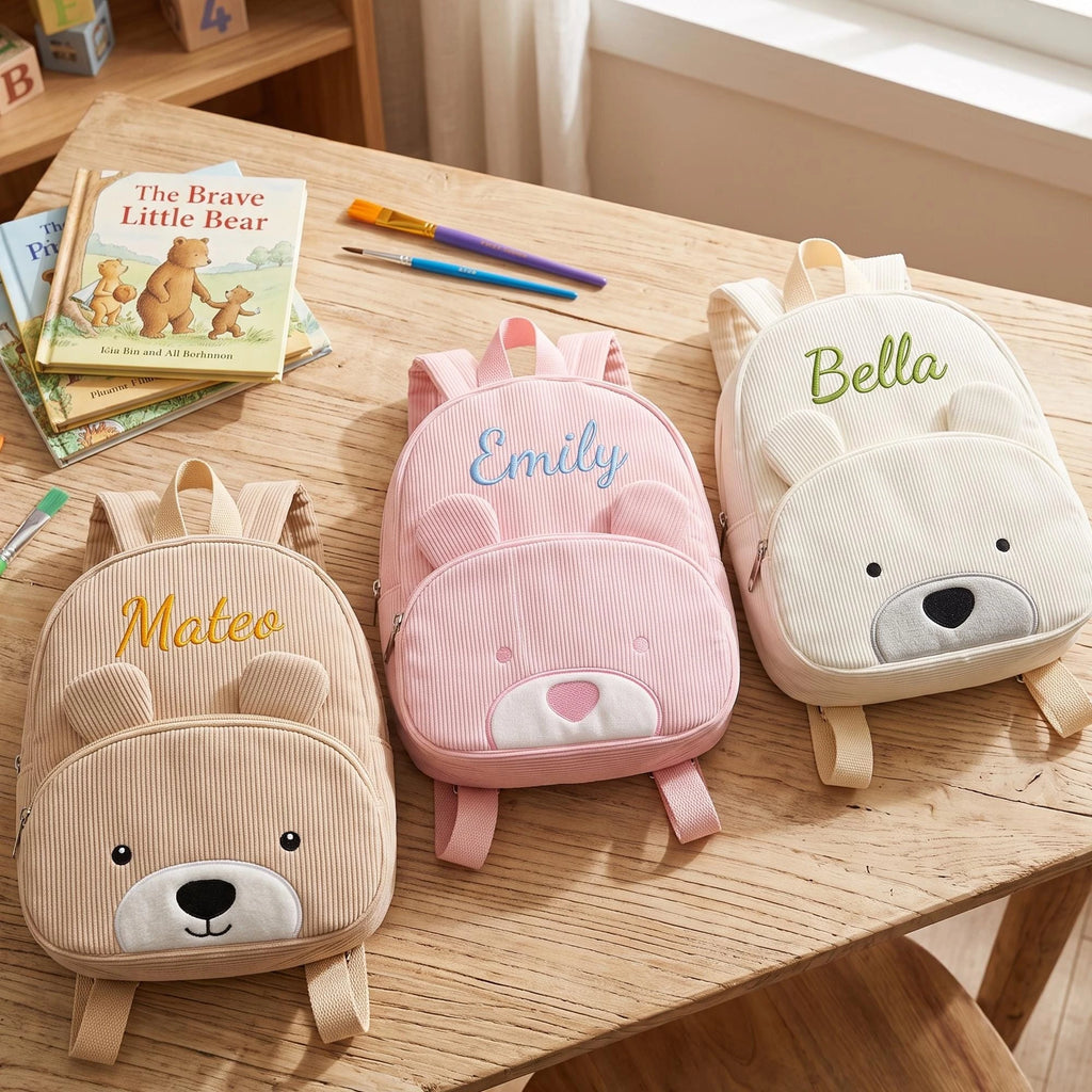 Personalized Name Embroidered Kids Backpack Pastel Corduroy Toddler Bag Soft Ribbed Fabric School Pack Cute Kindergarten Gift