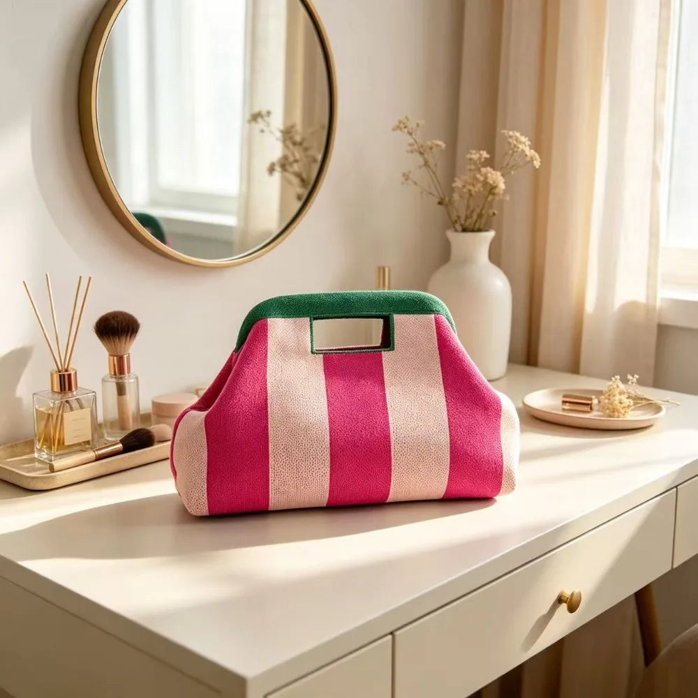 New Woven Bag Hollow-Out Striped Knitted Handbag Fly-Knitted Cloud Versatile Portable Cosmetic Bag