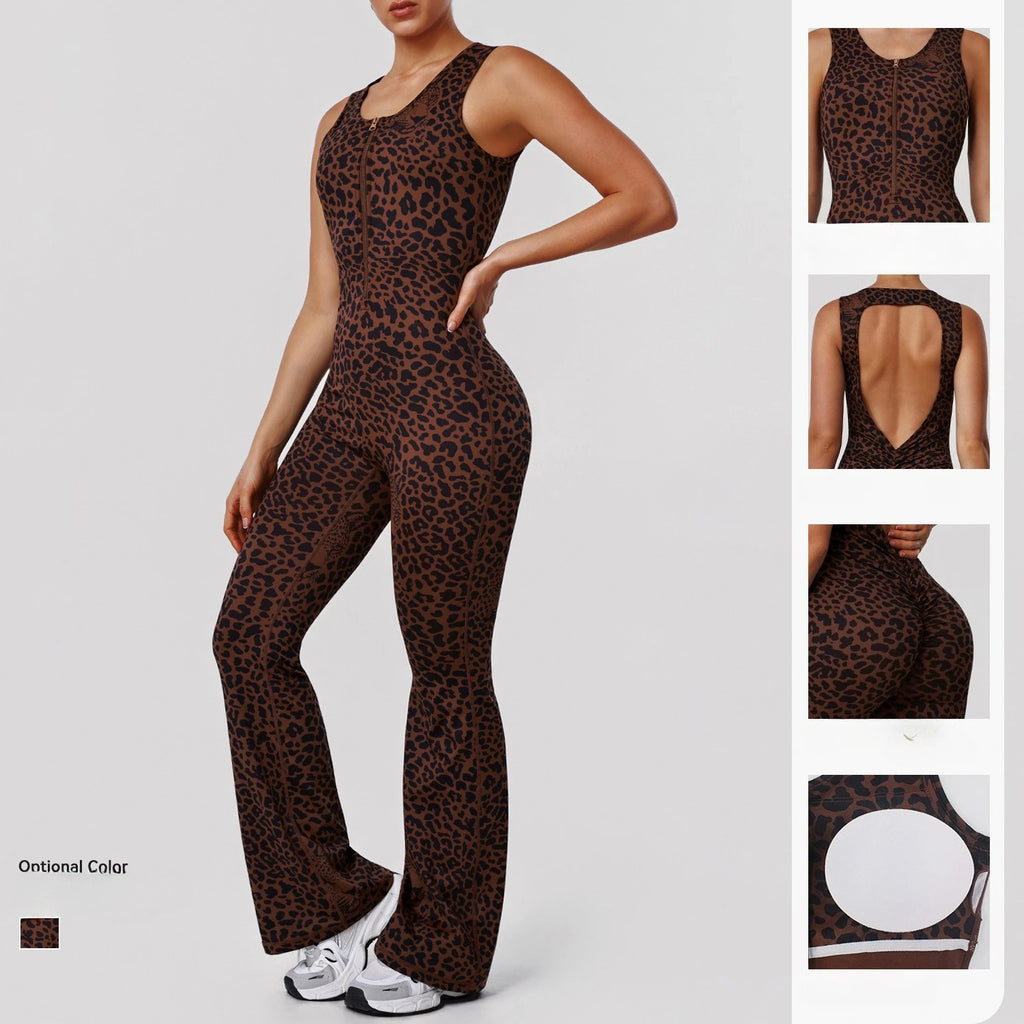 Greenora Leopard Print Yoga Jumpsuit Sleeveless Backless Flare Romper High Waist Slimming Athletic Bodysuit for Workout Fitness