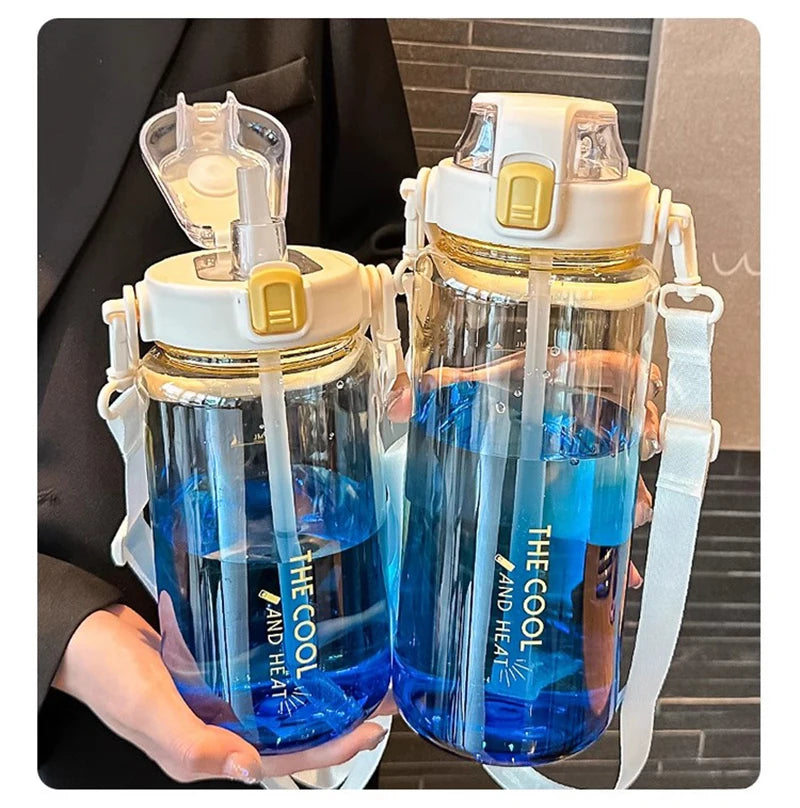 1.5/2 Liter Water Bottle Portable Plastic Sports Bottle With Straw Strap Large Tumbler Gym Travel Juice Drinking Bottle BPA Free
