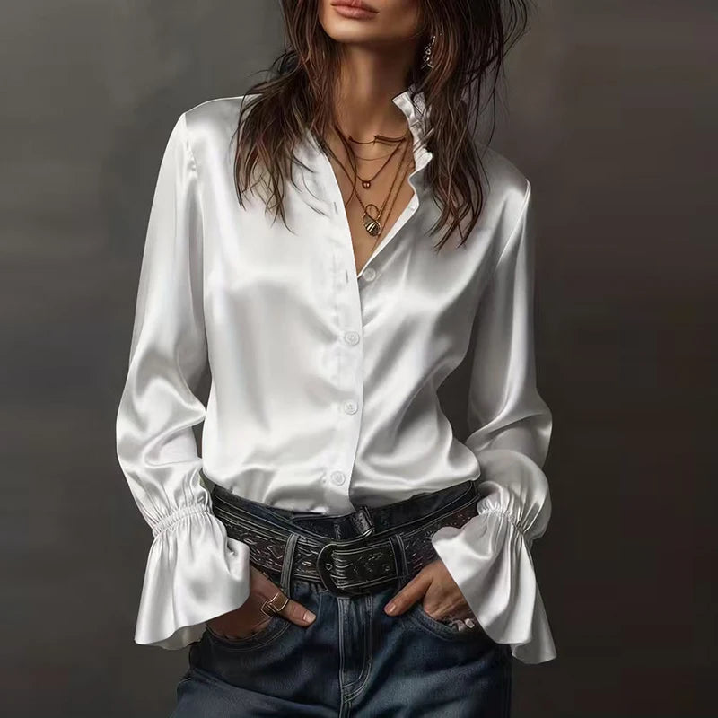 Fashion Women Long Sleeve Silk Shirt Black Turn Down Collar Button Blouse Women Office Tops Mesh See Through Sleeve Satin Shirt