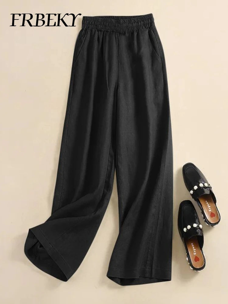 Women's Pants Summer Cotton Linen Wide-legged Elastic Waist Tie Casual Pants Loose Versatile High-waisted Straight Trousers