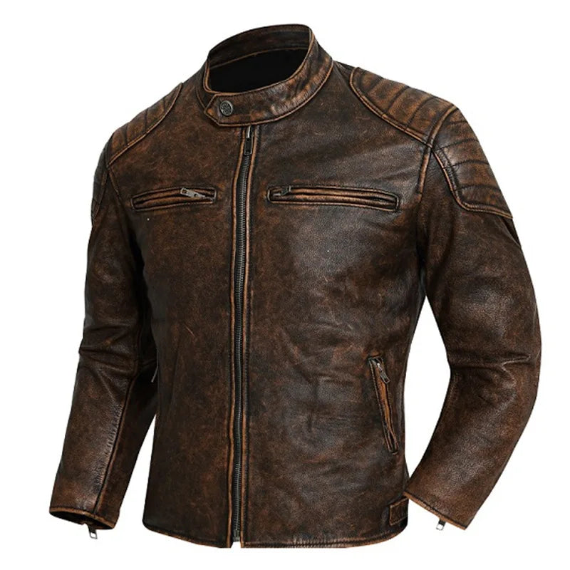Autumn Winter Youth Mens Cowhide Texture Faux Leather Stand Collar Biker Jacket Retro Color Block Daily Street Casual Outer Coat