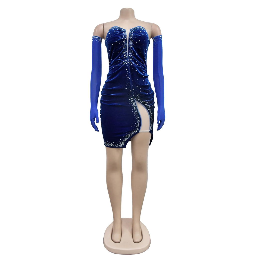 Women Diamonds Hot Rhinestones Velvet Ruched Side Split Bodycon Midi Dress with Cuff 2026 Sexy Party Dresses Vestidos